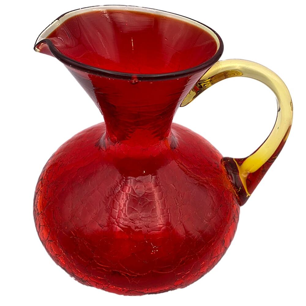 Vintage Rainbow Glass PITCHER Handblown Red Crackle Glass Yellow Handle VGC